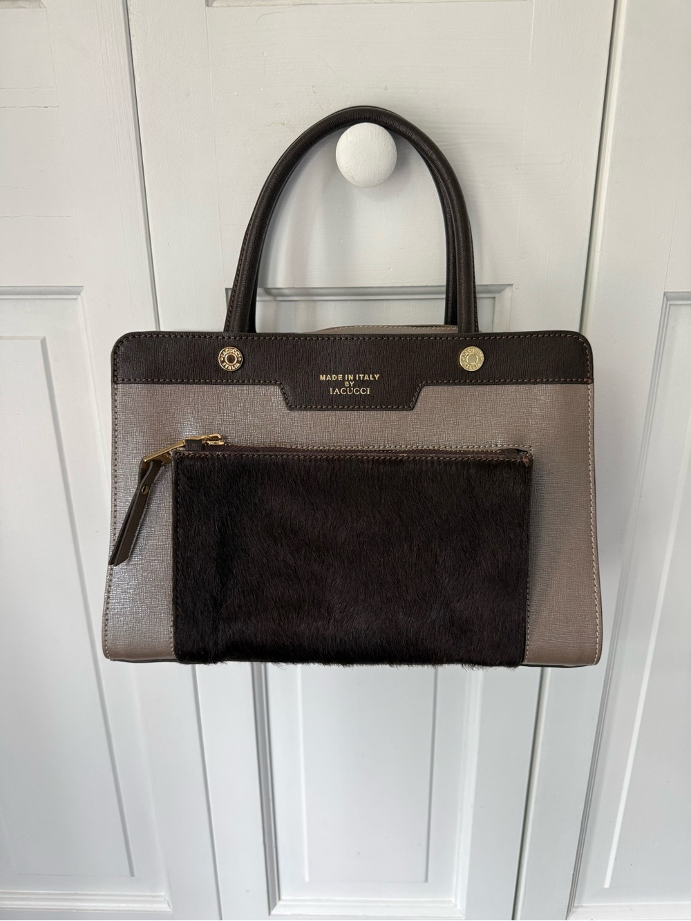Stylish Taupe and Dark Brown Italian-Made Leather Iacucci Bag with Fur Pocket